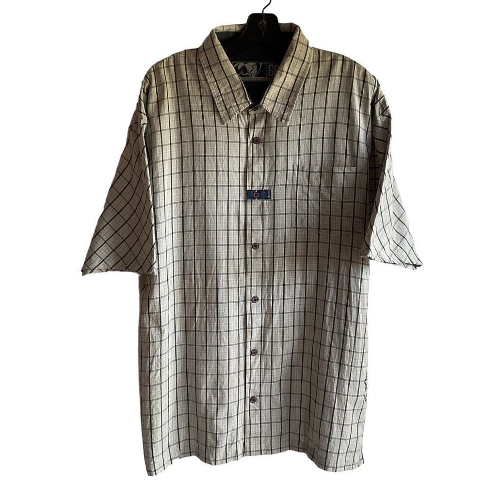 Thor 68 Shirt Button Down Plaid Tan Blue White Short Sleeve Graphic Logo Men XL